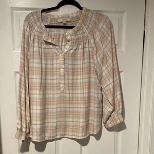 LOFT Women's Cream and Orange Checkered Blouse